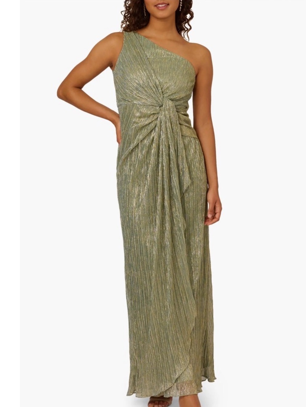 Adrianna Papell One-Shoulder Green Metallic Evening Gown
